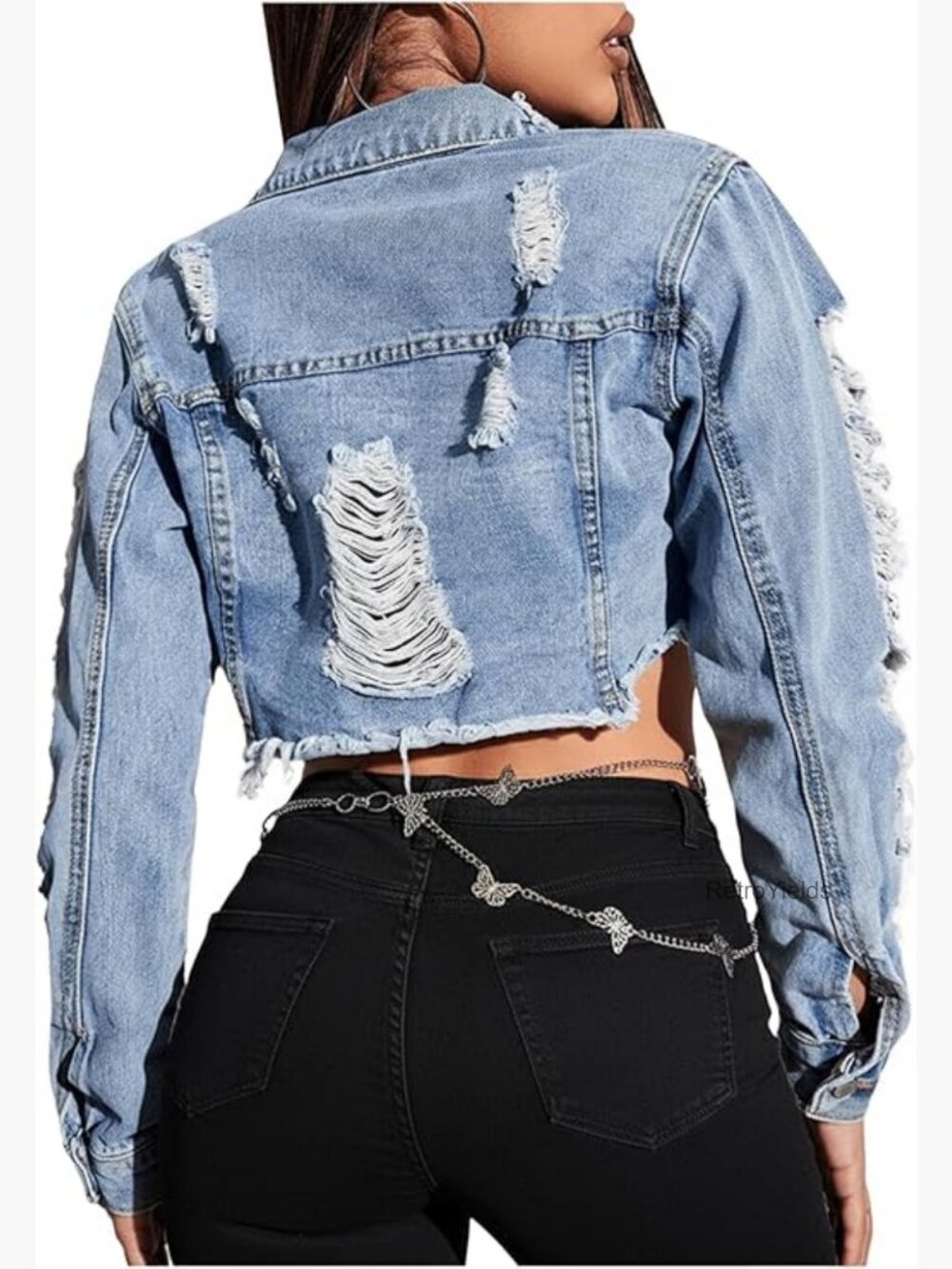 Ripped Raw Hem Cropped Denim Jacket Long Sleeve Distressed Frayed Jean Jacket